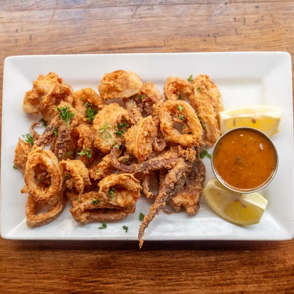 Crispy fried calamari rings and tentacles with parsley, lemon, lime, and a side of dipping sauce.